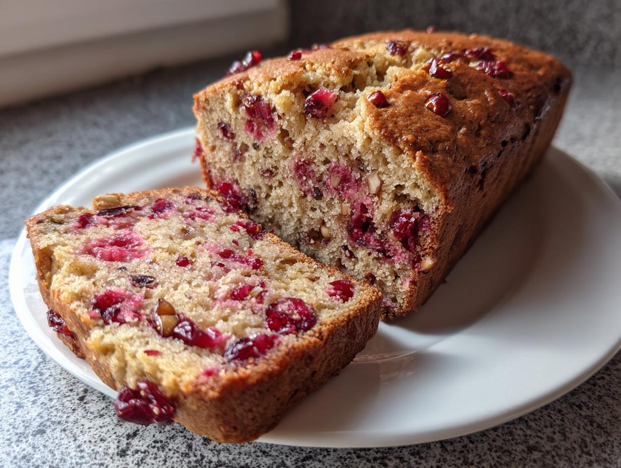 A freshly baked loaf of cranberry walnut bread, partially sliced, showing vibrant red cranberries and nuts inside.