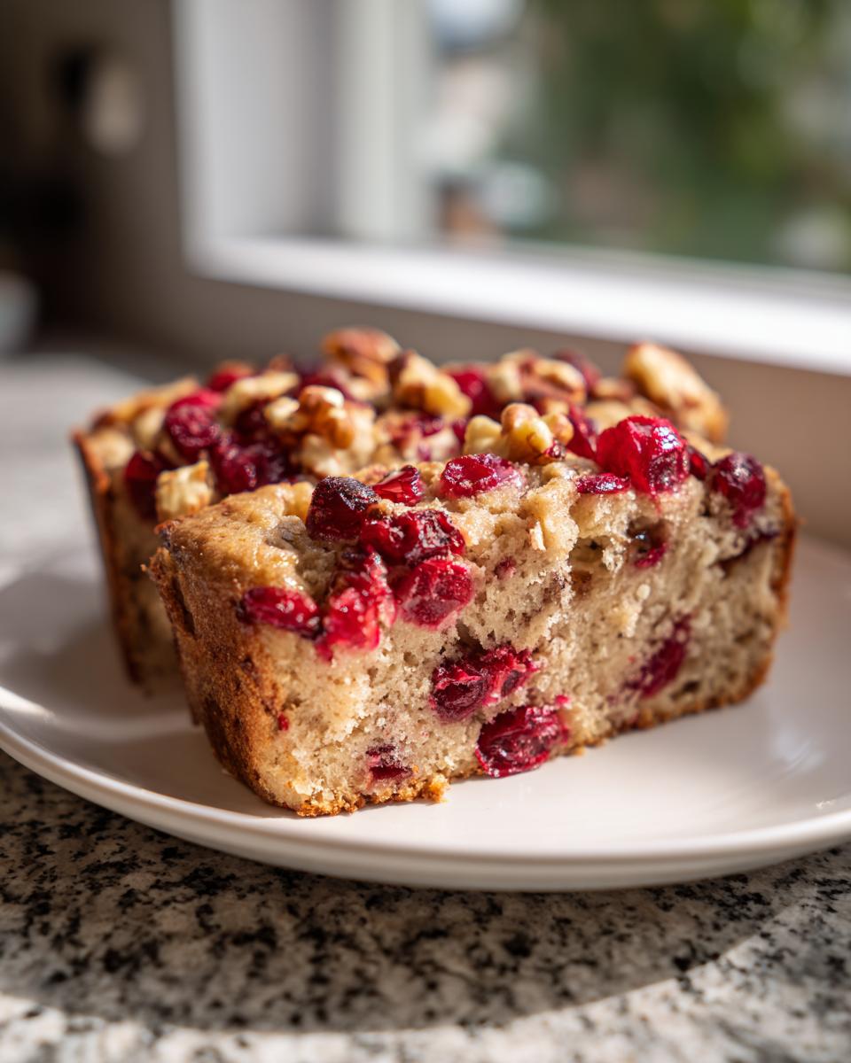 Two slices of moist cranberry walnut bread topped with bright red cranberries and crunchy walnuts on a white plate.
