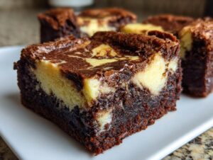 A close-up of a rich, fudgy square of cream cheese brownies showing the marbled swirl pattern.