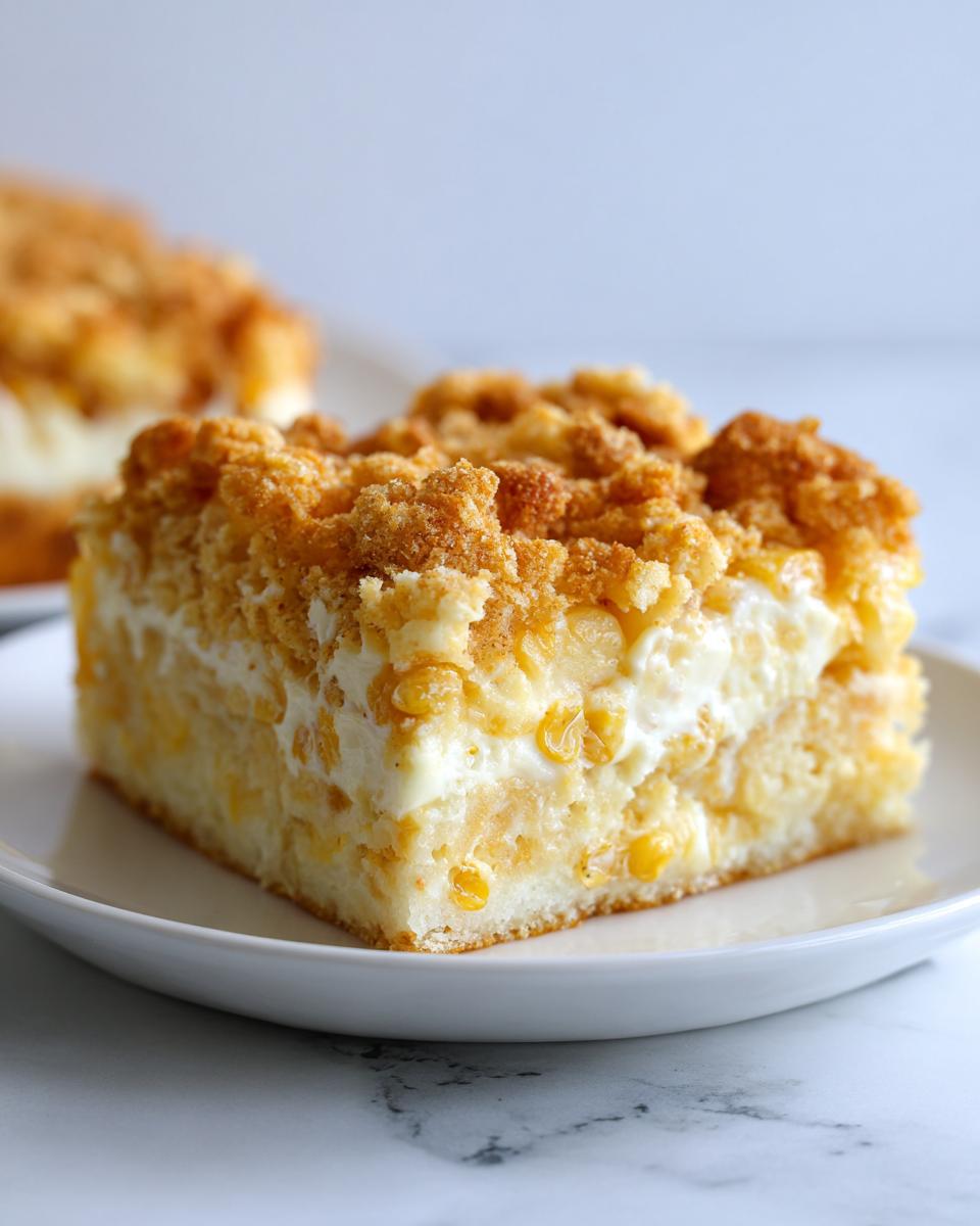 A square slice of rich cream cheese corn casserole featuring visible corn kernels and a golden crumb topping, served on a white plate.