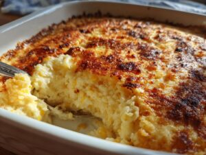 Close-up of creamy, baked street corn dip being scooped from a white casserole dish, showing a golden-brown crust.