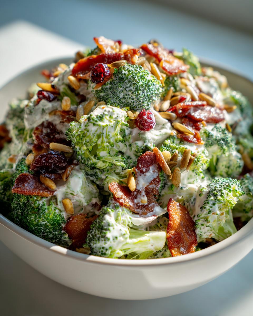 A close-up of a creamy broccoli salad featuring fresh florets, crispy bacon pieces, dried cranberries, and sunflower seeds.