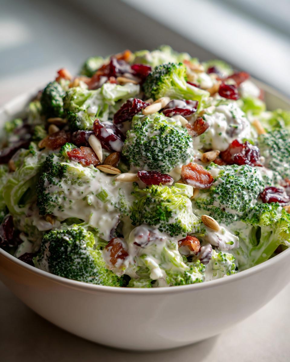 Close-up of a creamy broccoli salad featuring fresh florets, bacon bits, dried cranberries, and sunflower seeds.