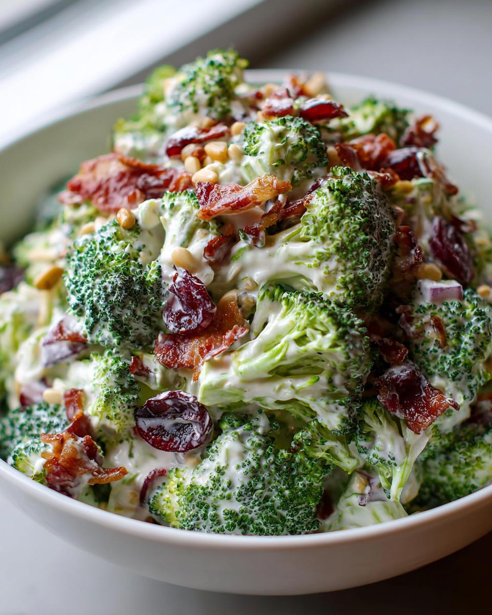 A close-up of creamy broccoli salad featuring fresh florets, bacon bits, dried cranberries, and pine nuts.