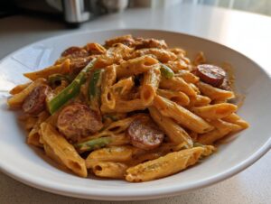 Close-up of creamy cajun sausage pasta featuring penne, sliced andouille sausage, and green bell peppers.