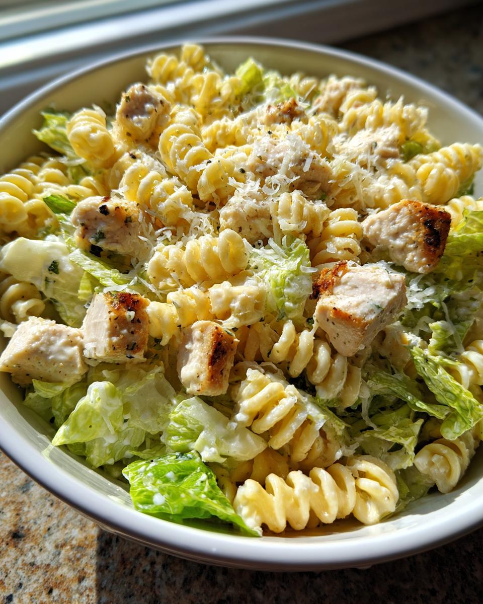 Close-up of a bowl filled with creamy chicken caesar pasta salad featuring rotini pasta, grilled chicken chunks, and romaine lettuce.