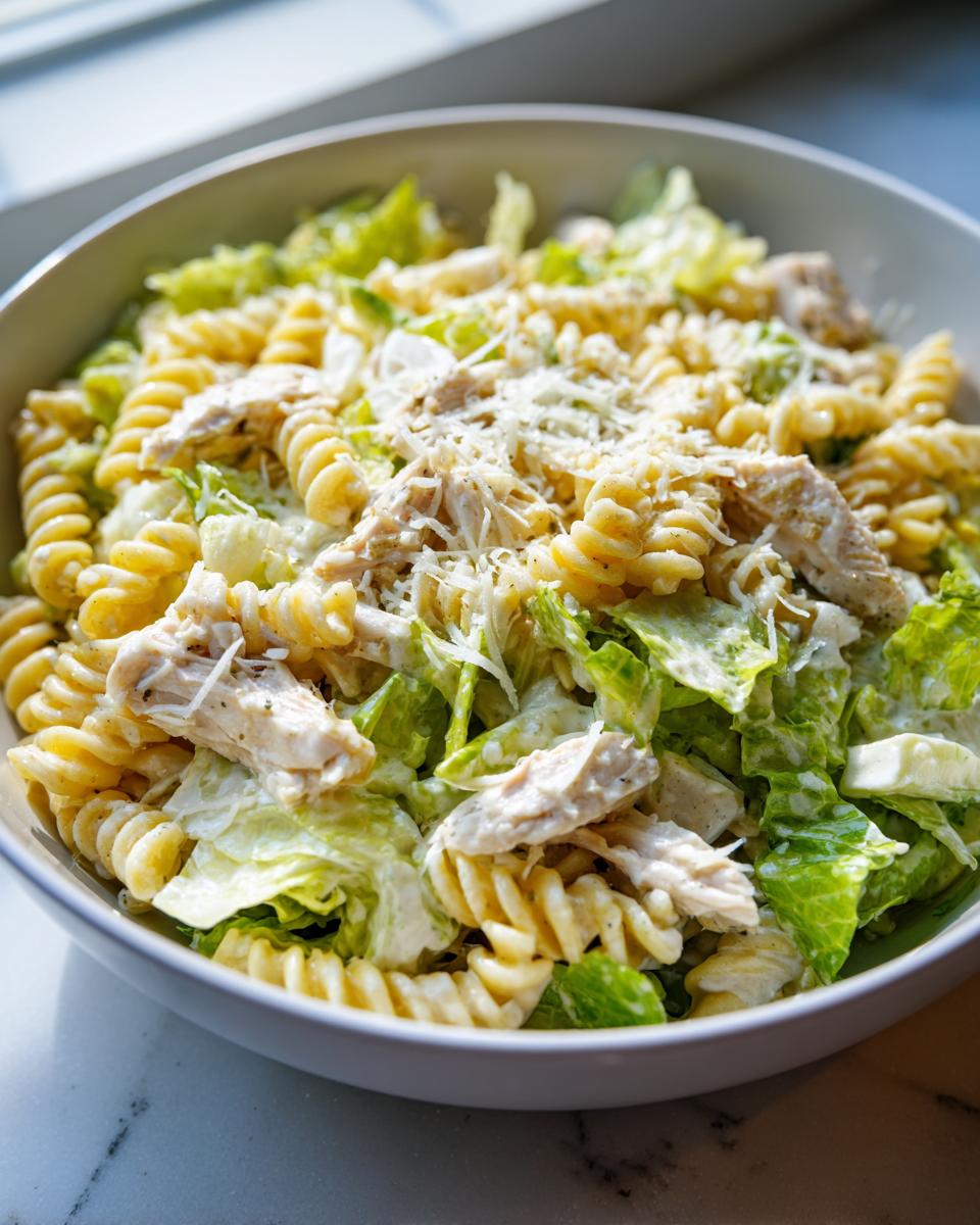 A close-up of creamy chicken Caesar pasta salad featuring rotini pasta, shredded chicken, romaine lettuce, and grated Parmesan cheese.