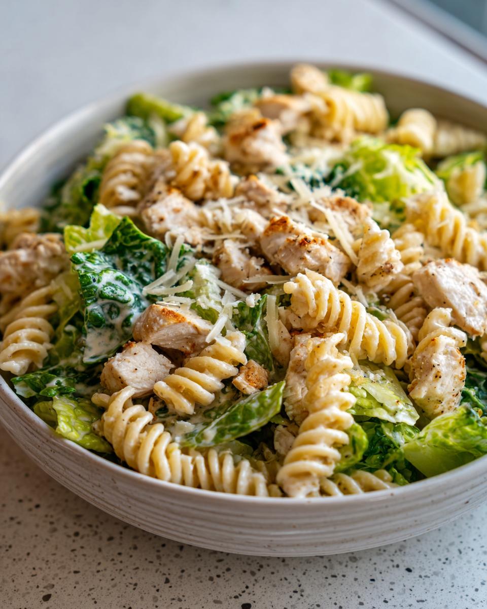 Close-up of a bowl filled with creamy chicken caesar pasta salad featuring rotini pasta, grilled chicken, and romaine lettuce.