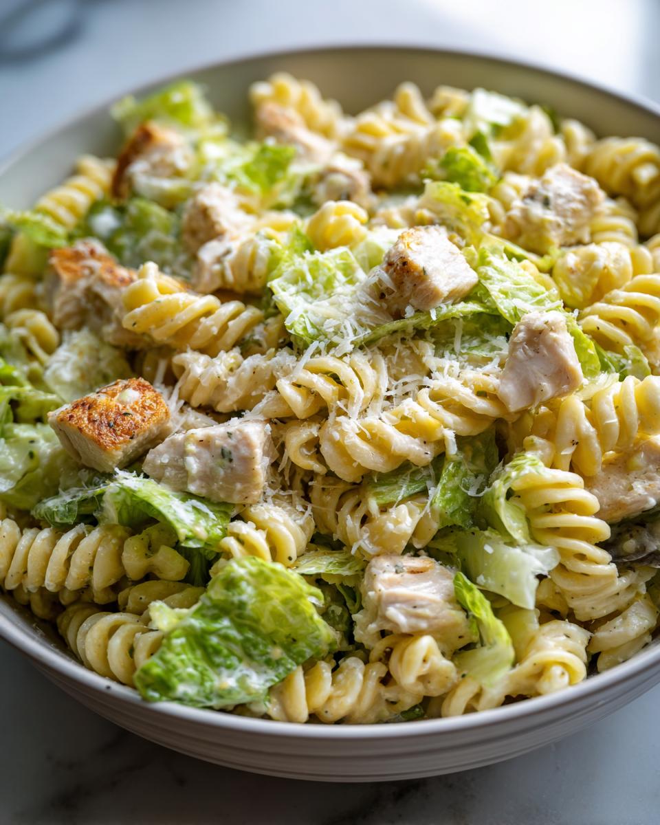 Close-up of creamy chicken caesar pasta salad featuring rotini pasta, grilled chicken chunks, and romaine lettuce.