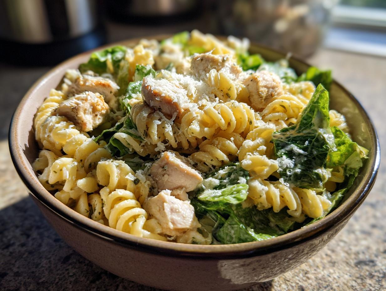Close-up of a bowl filled with creamy chicken caesar pasta salad featuring rotini pasta, grilled chicken chunks, and romaine lettuce.
