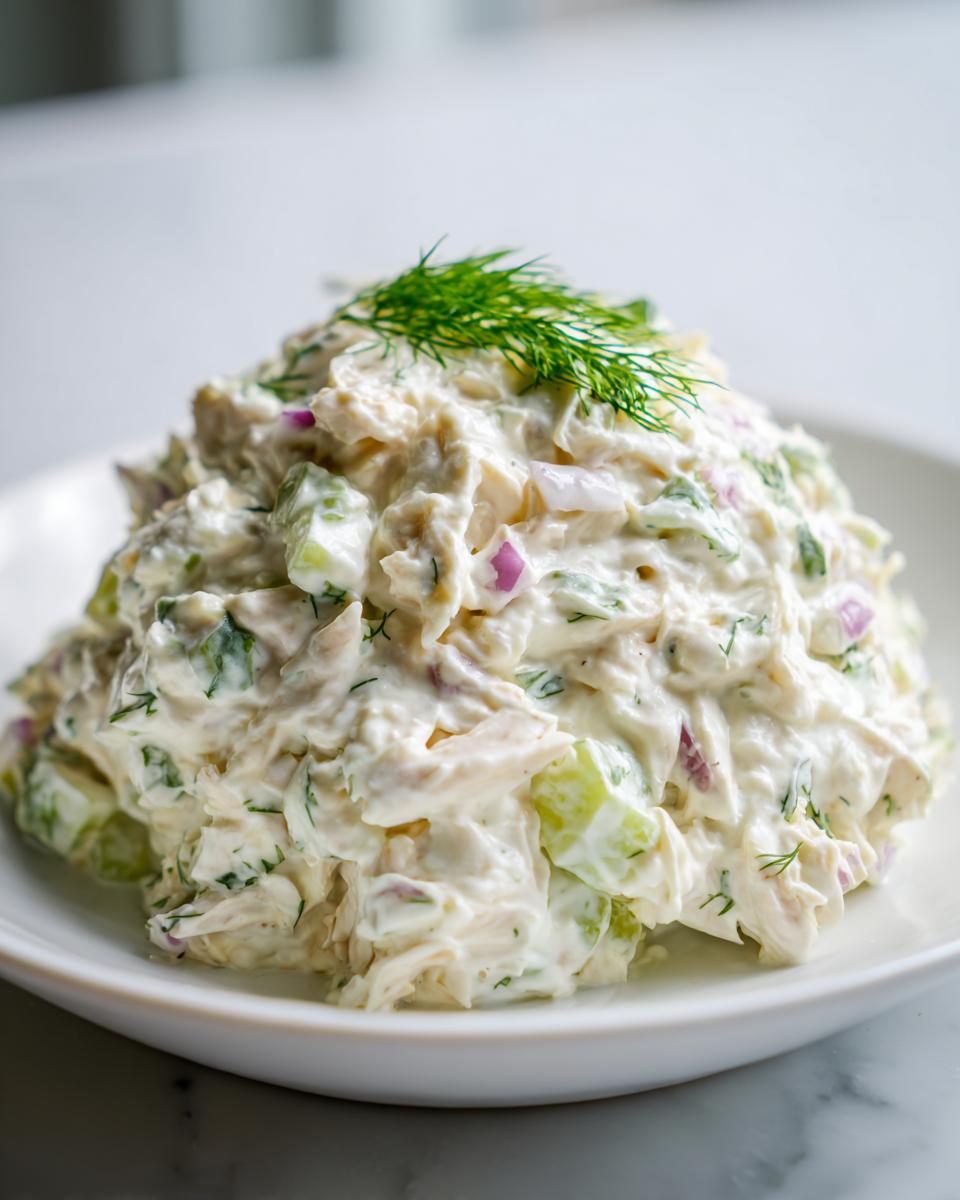 A close-up of a mound of creamy cottage cheese chicken salad mixed with celery and red onion, topped with fresh dill.