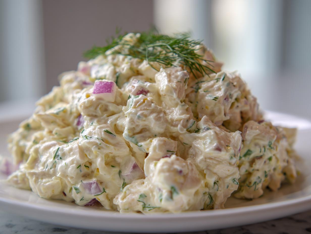 A mound of creamy cottage cheese chicken salad mixed with red onion and fresh dill, served on a white plate.