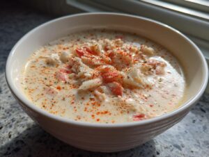 Close-up of a creamy bowl of crab soup, generously topped with flaked crab meat and paprika.