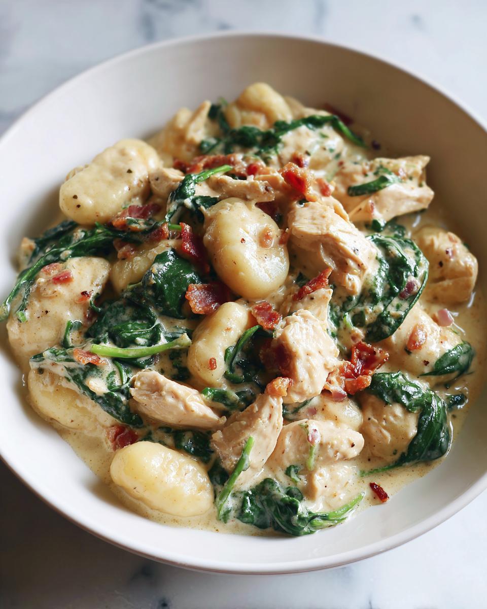 A close-up of creamy crack chicken gnocchi mixed with wilted spinach and topped with crispy bacon pieces.