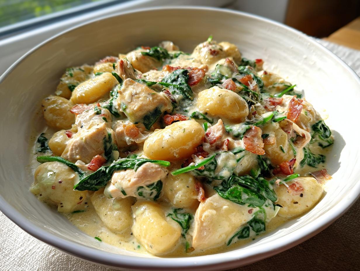 Close-up of creamy crack chicken gnocchi mixed with spinach and bacon pieces in a white bowl.