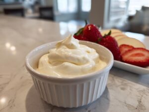 A white ramekin filled with creamy, swirled fruit dip, with fresh strawberries nearby.