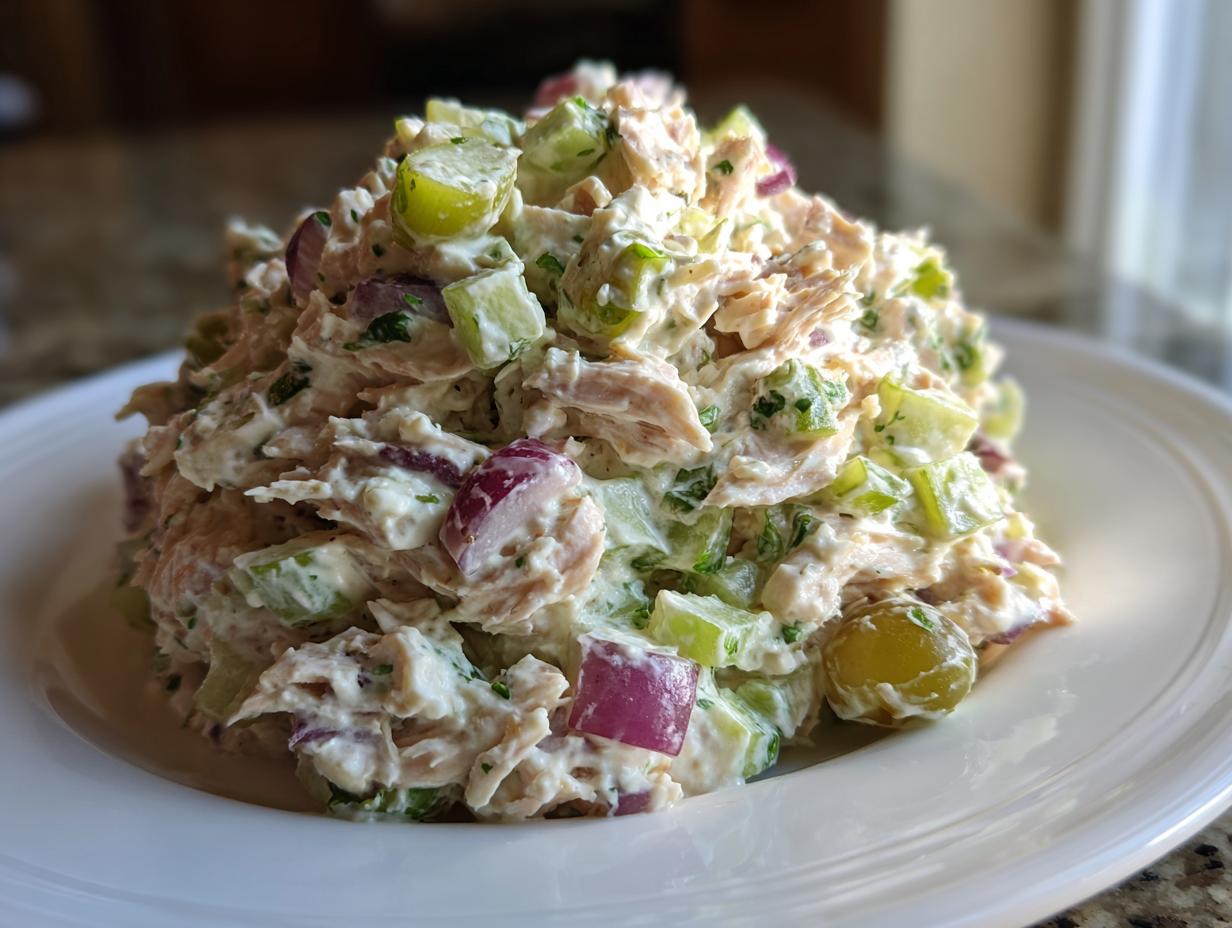 A mound of creamy greek yogurt chicken salad featuring shredded chicken, red onion, celery, and green grapes on a white plate.