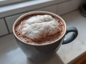 Close-up of a mug filled with rich mexican hot chocolate topped with a thick layer of white foam.