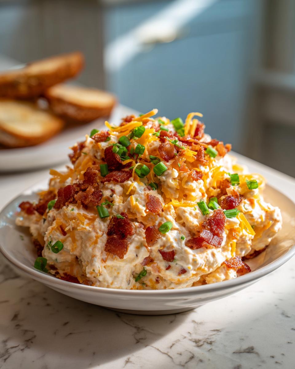 A creamy mound of Million Dollar Dip topped with shredded cheddar, bacon bits, and green onions.