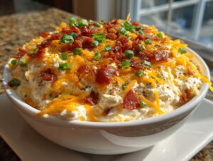 A creamy bowl of Million Dollar Dip generously topped with shredded cheddar, bacon bits, and fresh green onions.