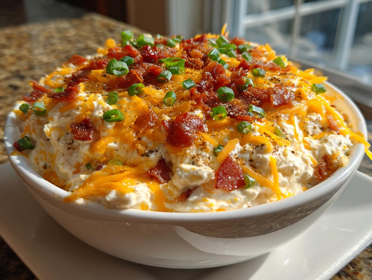 A creamy bowl of Million Dollar Dip generously topped with shredded cheddar, bacon bits, and fresh green onions.