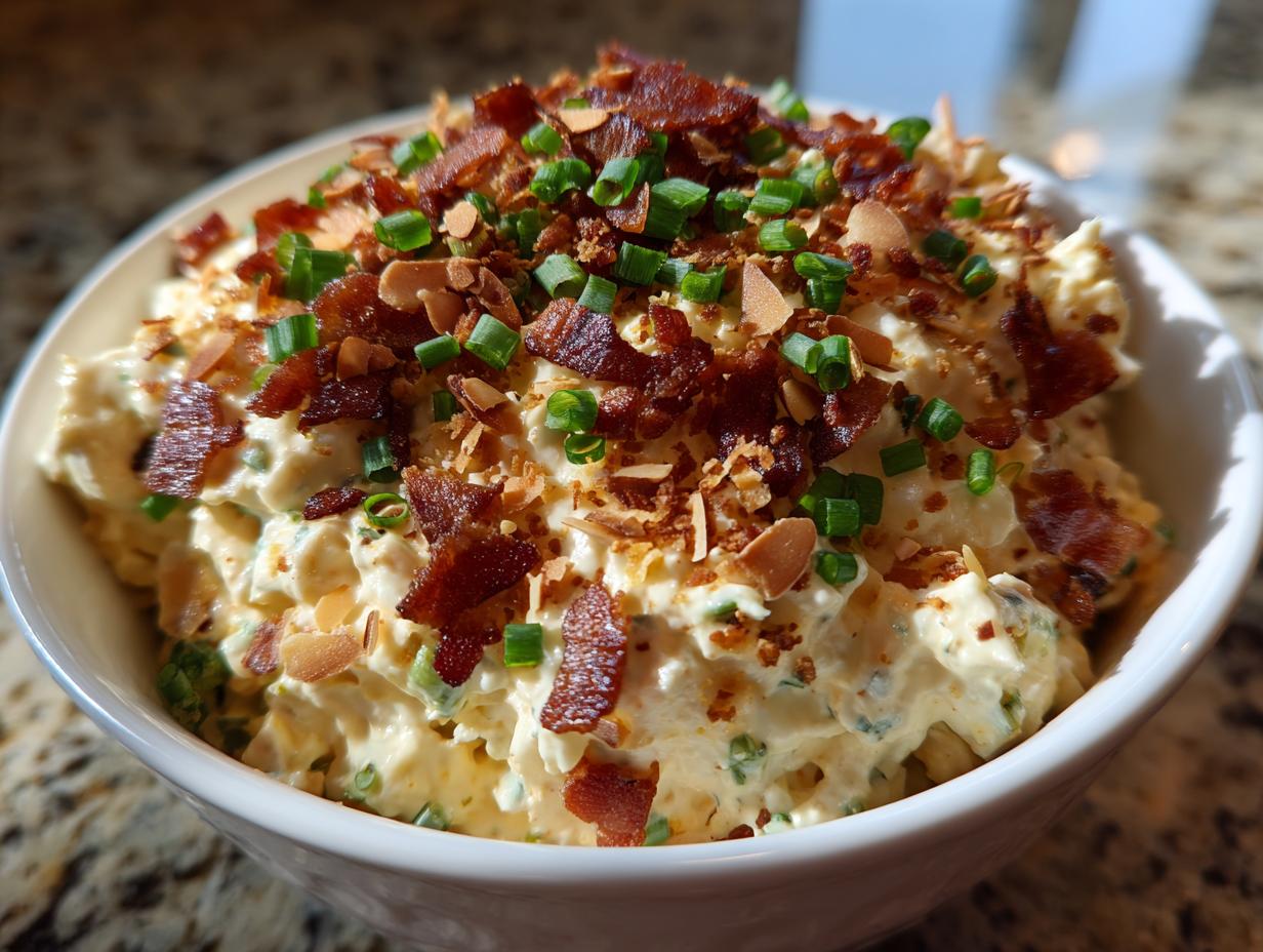 Close-up of a bowl filled with creamy Neiman Marcus dip, generously topped with crispy bacon bits, sliced almonds, and fresh green chives.