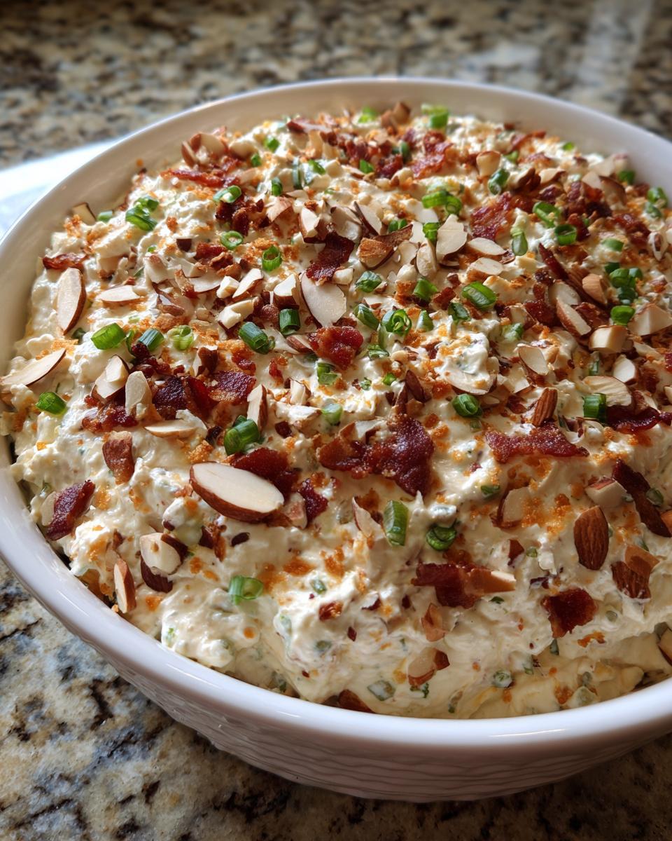 A creamy, thick Neiman Marcus dip topped generously with sliced almonds, crumbled bacon, and chopped green onions.