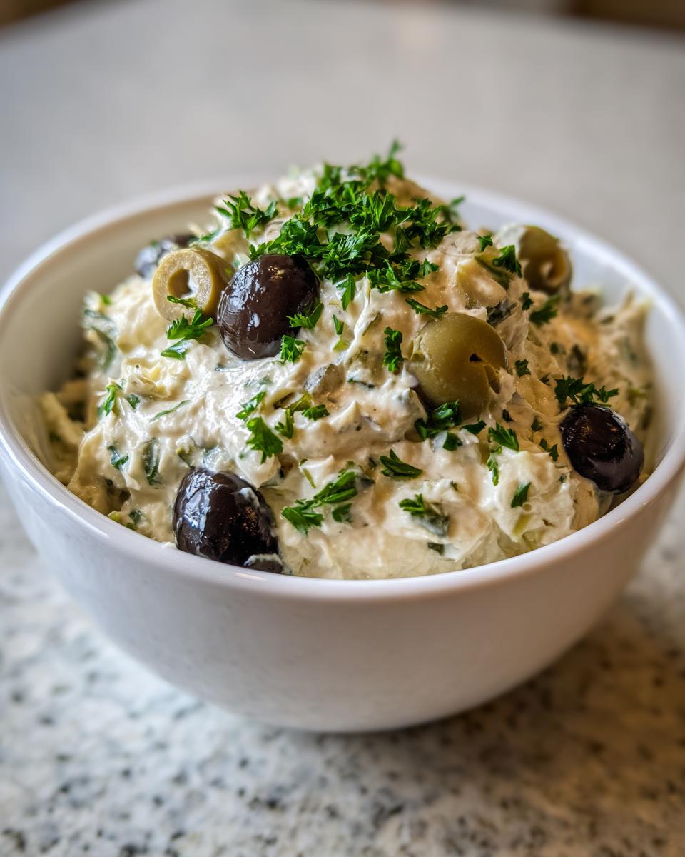 Close-up of a creamy olive dip garnished with whole and sliced olives and fresh parsley.