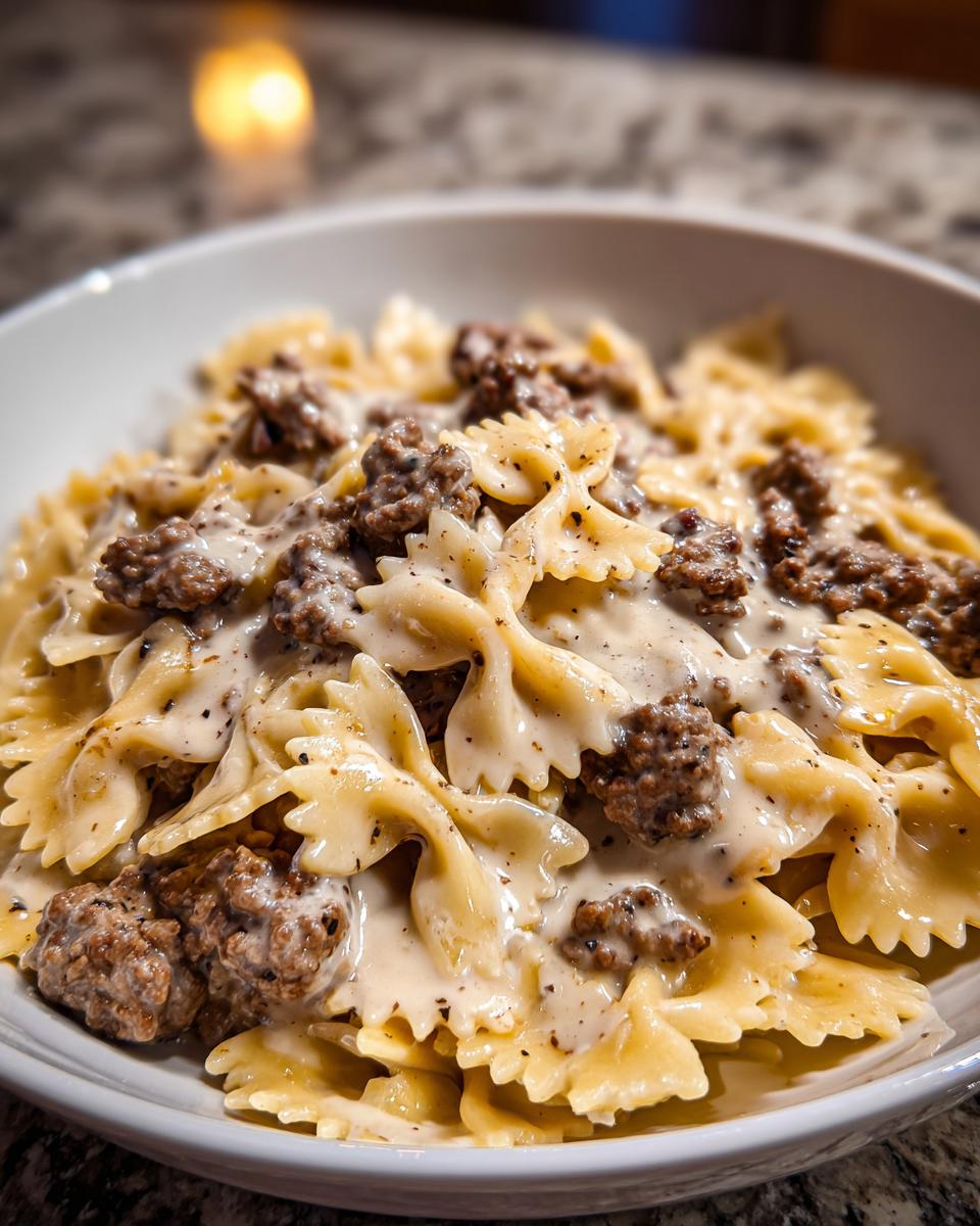Close-up of creamy parmesan garlic beef bowtie pasta tossed in a rich white sauce and served in a white bowl.