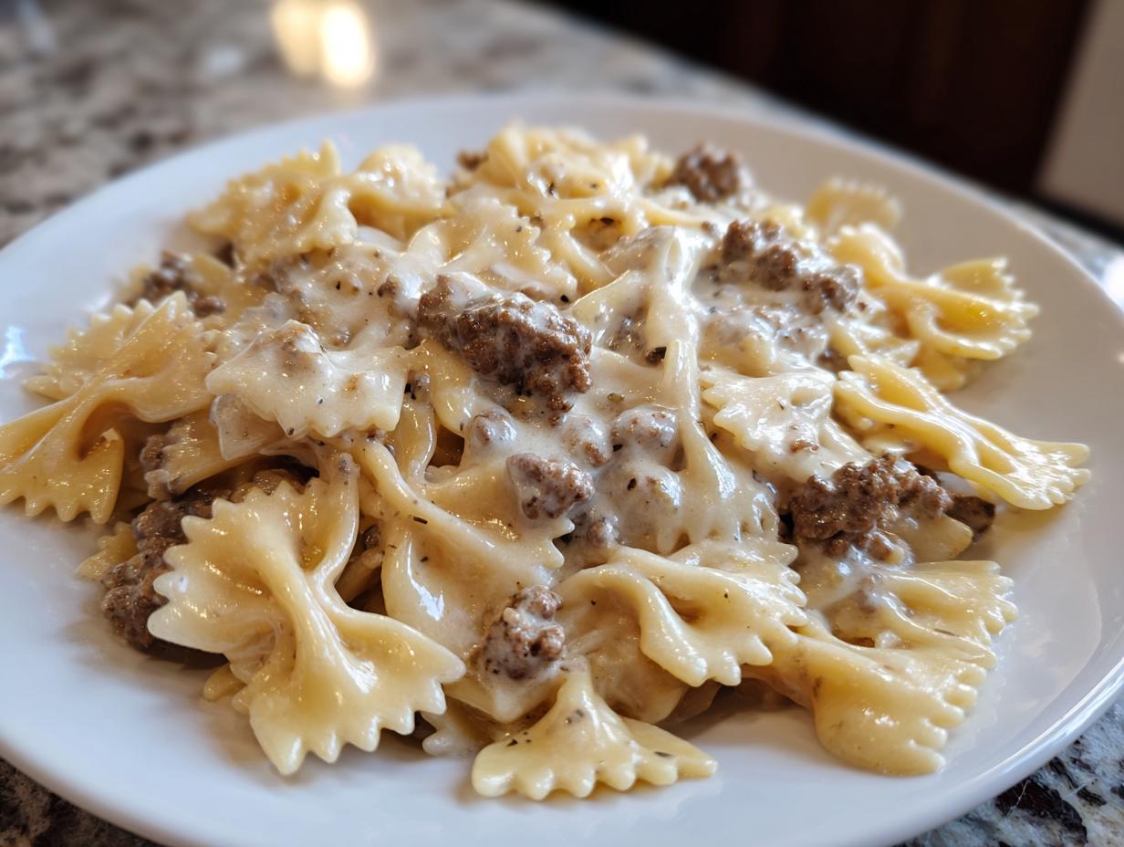 A close-up of creamy parmesan garlic beef bowtie pasta served on a white plate.