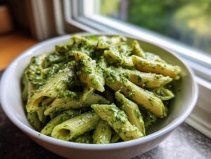 A close-up view of penne pasta coated generously in vibrant, creamy pesto pasta sauce in a white bowl.