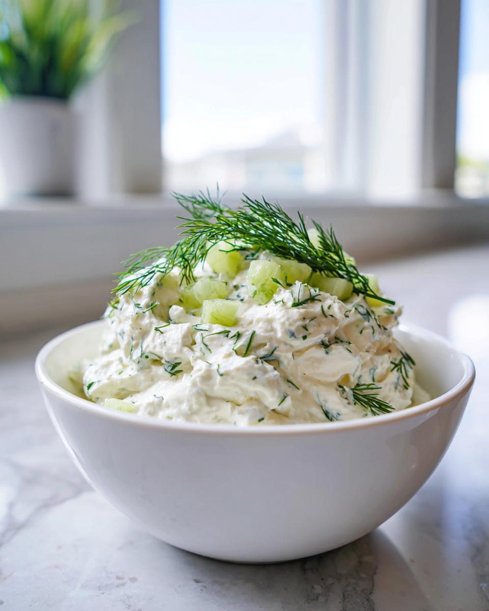 A bright white bowl filled with creamy pickle dip, topped with chopped pickles and fresh dill.