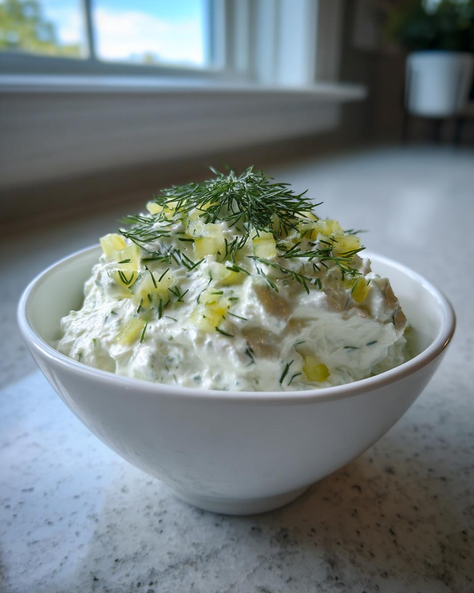 A white bowl filled with creamy pickle dip, topped with chopped pickles and fresh dill.
