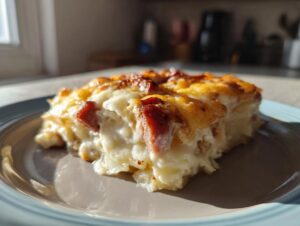 A close-up serving of baked pierogi casserole, creamy and topped with melted cheese and bacon bits.