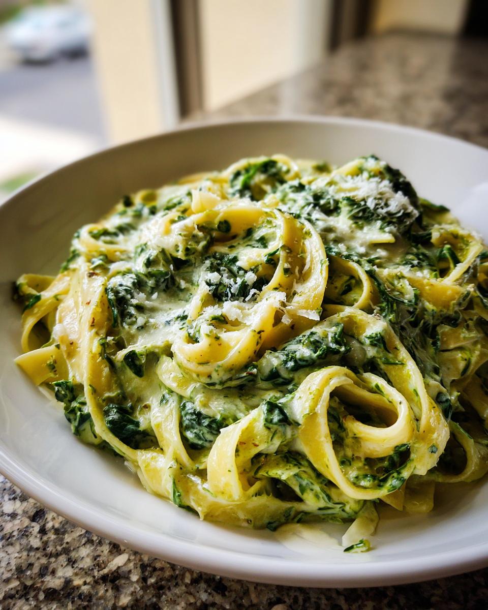 Close-up of creamy spinach pasta tossed with fettuccine noodles and topped with grated Parmesan cheese.