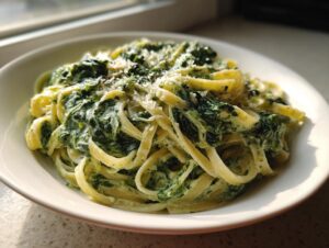 Close-up of creamy spinach pasta tossed with fettuccine noodles and topped with grated Parmesan cheese.