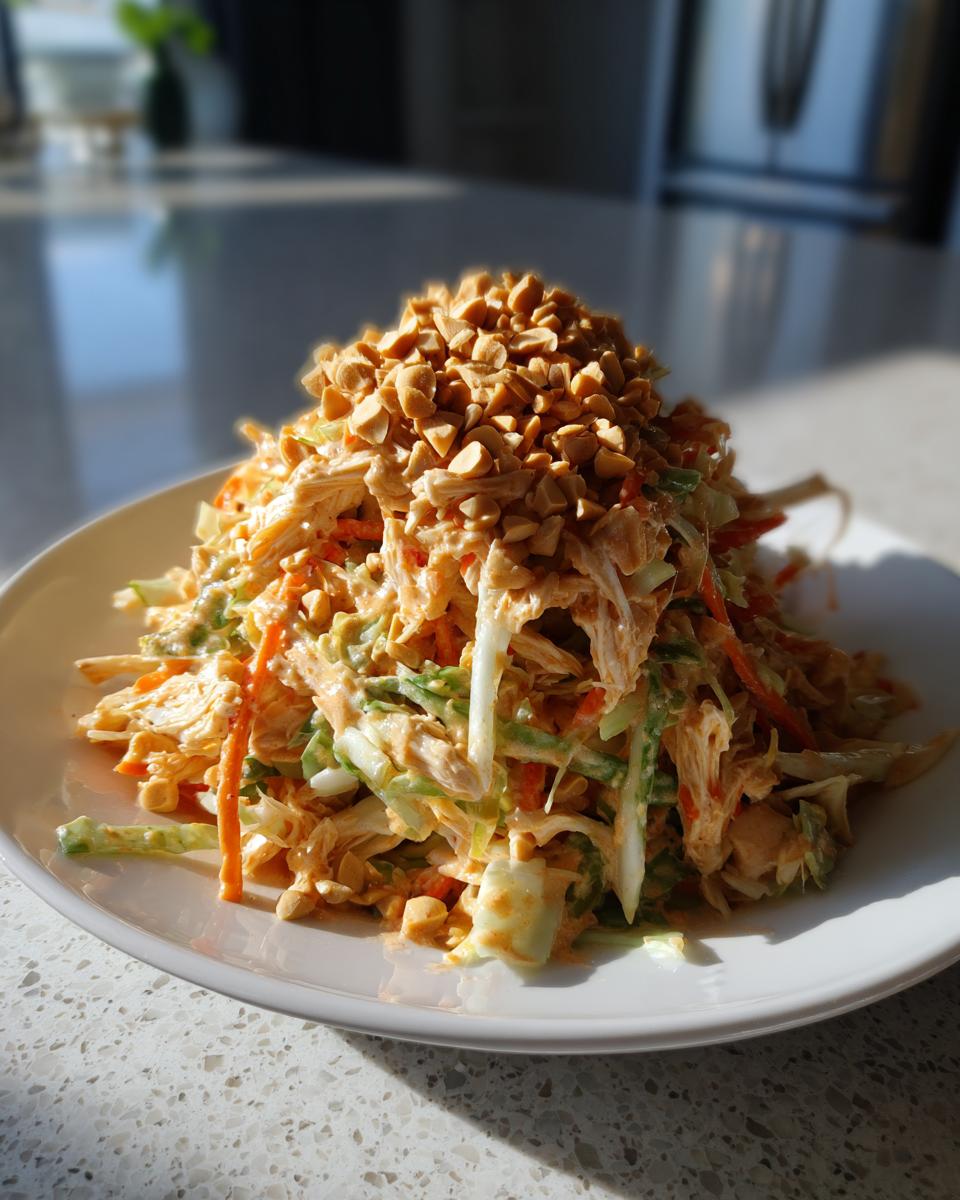 A mound of creamy thai chicken salad with shredded carrots and cucumber, generously topped with chopped peanuts.