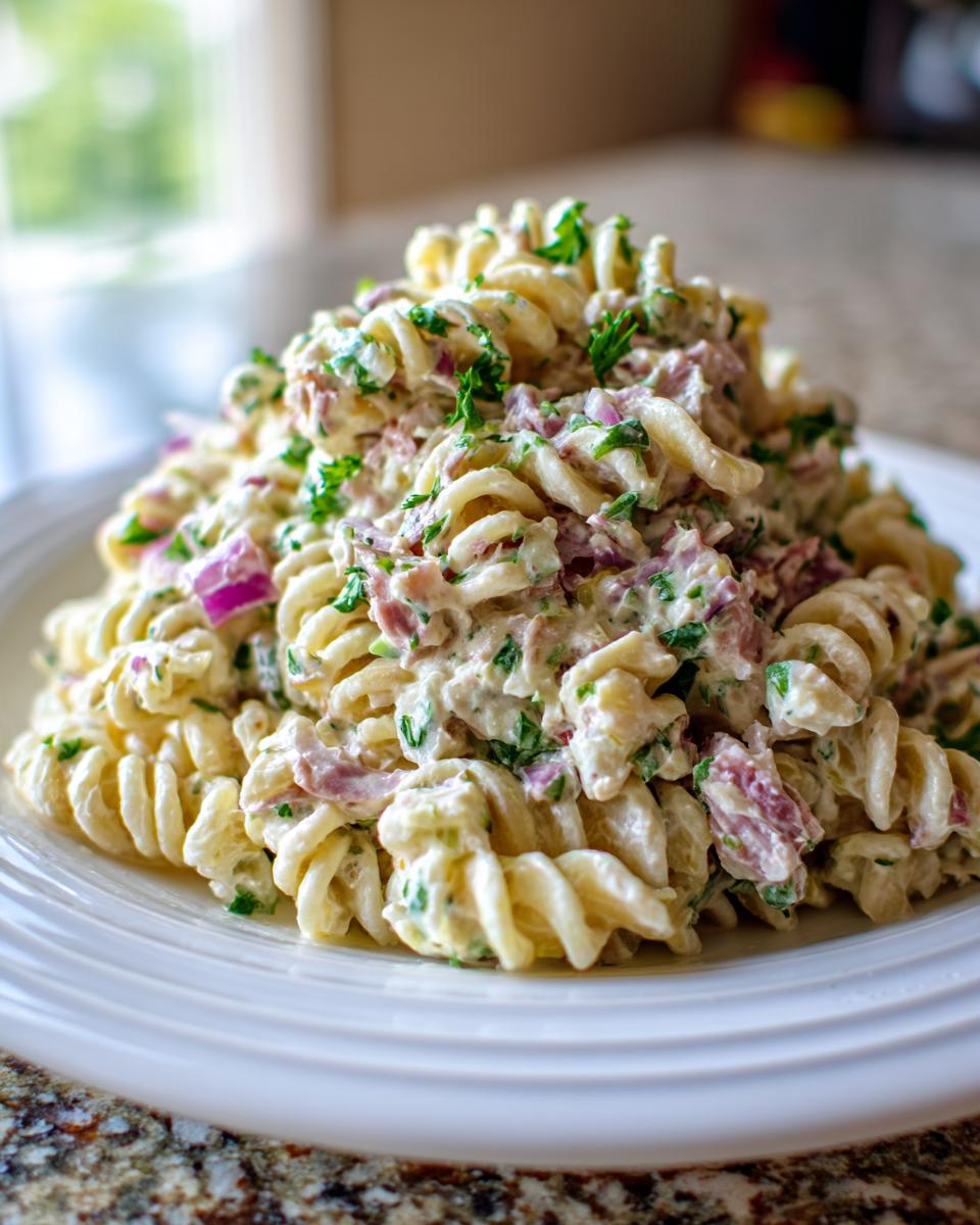 A mound of creamy tuna pasta salad made with rotini pasta, red onion, and fresh parsley on a white plate.