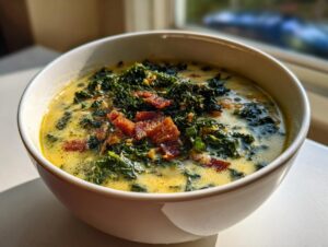 A close-up of a bowl of creamy Tuscan white bean soup topped generously with dark green kale and crispy bacon bits.