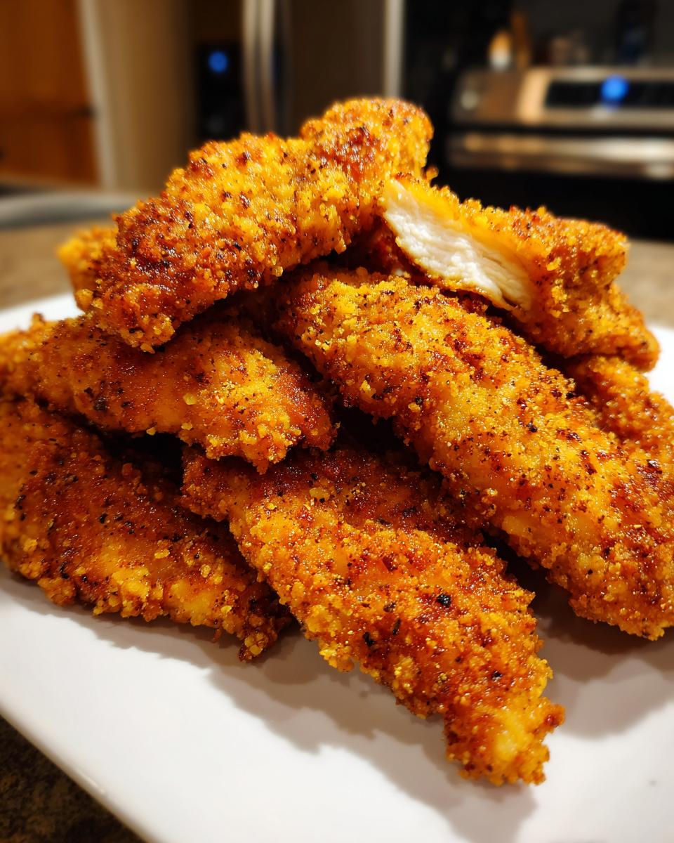 A close-up pile of golden brown, crispy air fryer chicken tenders, one piece broken open showing the white interior.