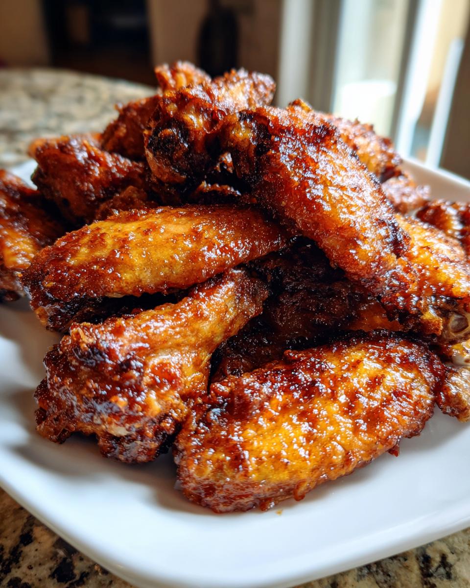 A close-up of a mound of glossy, dark golden crispy air fryer chicken wings piled high on a white plate.