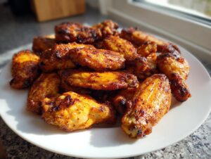 A pile of golden brown, crispy air fryer chicken wings stacked on a white plate near a window.