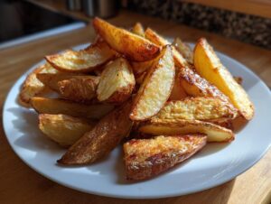 A pile of golden brown, crispy air fryer potato wedges served on a white plate, highlighted by natural sunlight.