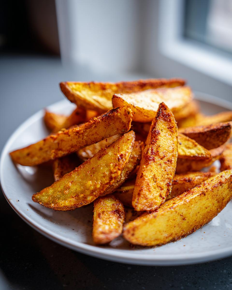 A close-up of perfectly seasoned and crispy air fryer potato wedges piled on a light gray plate.