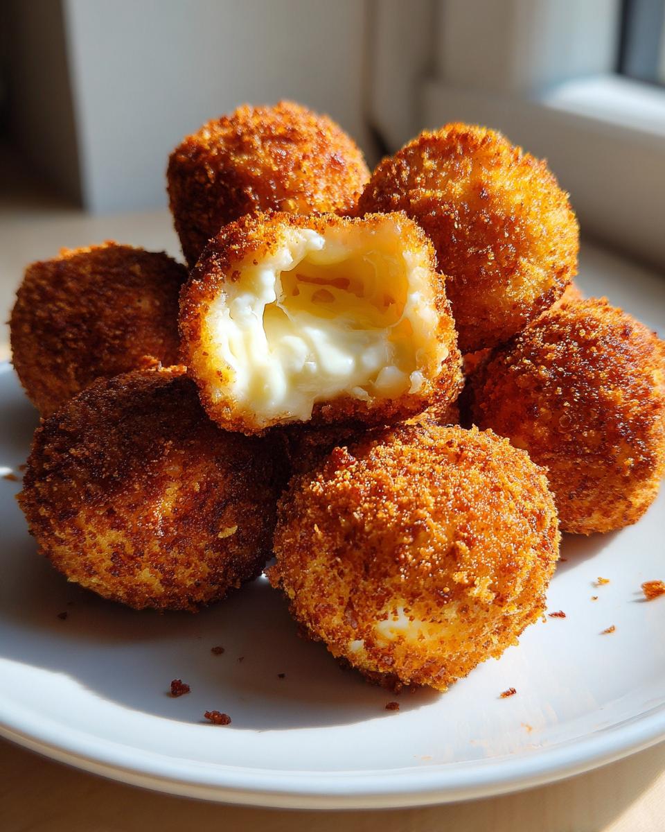 Close-up of golden brown fried goat cheese balls, one is broken open showing the gooey melted interior.