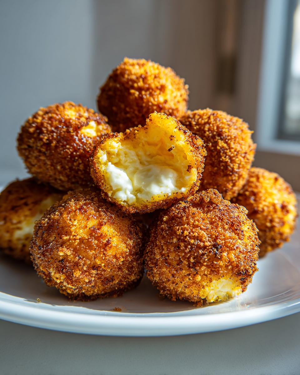 A stack of golden brown, deep-fried goat cheese balls, one cut open revealing the creamy white interior.