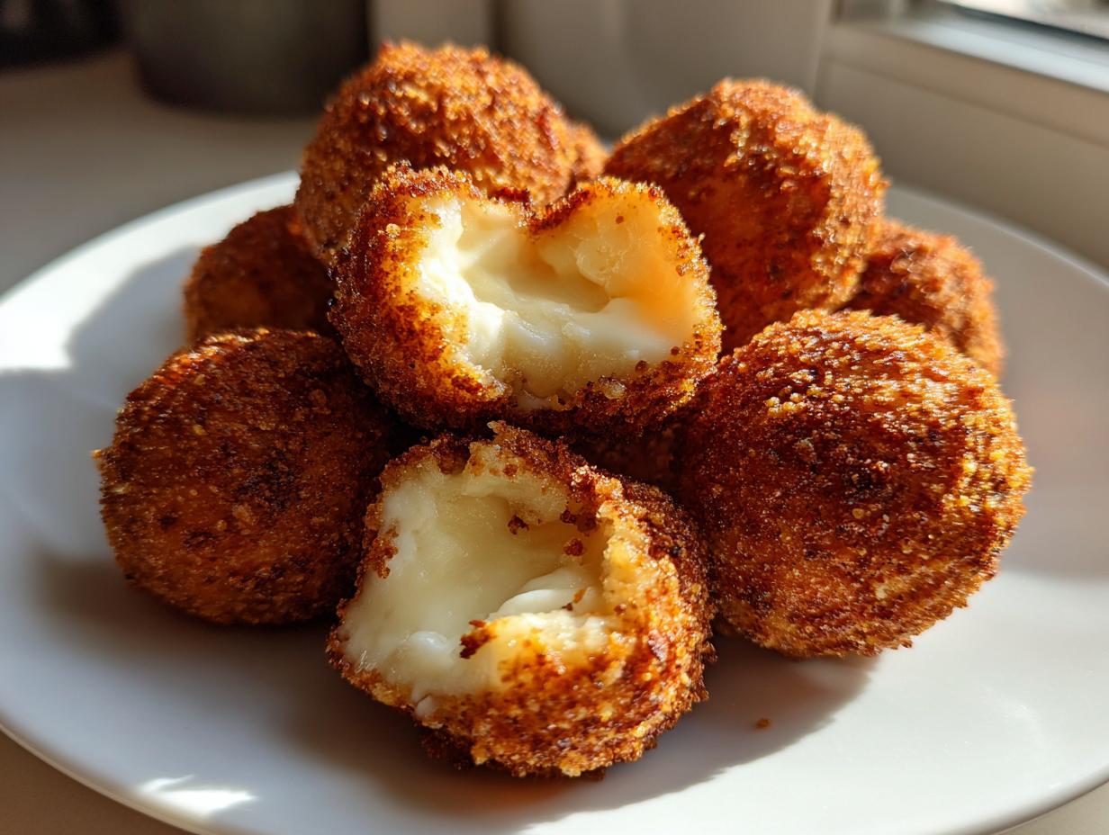 Close-up of golden brown, deep-fried goat cheese balls, one cut open revealing the melted interior.