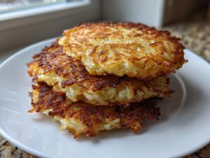 Close-up of three golden-brown, crispy potato latkes stacked on a white plate.