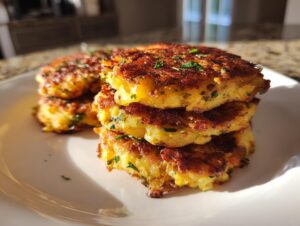 A close-up stack of three golden brown, crispy potato stacks garnished with fresh parsley.