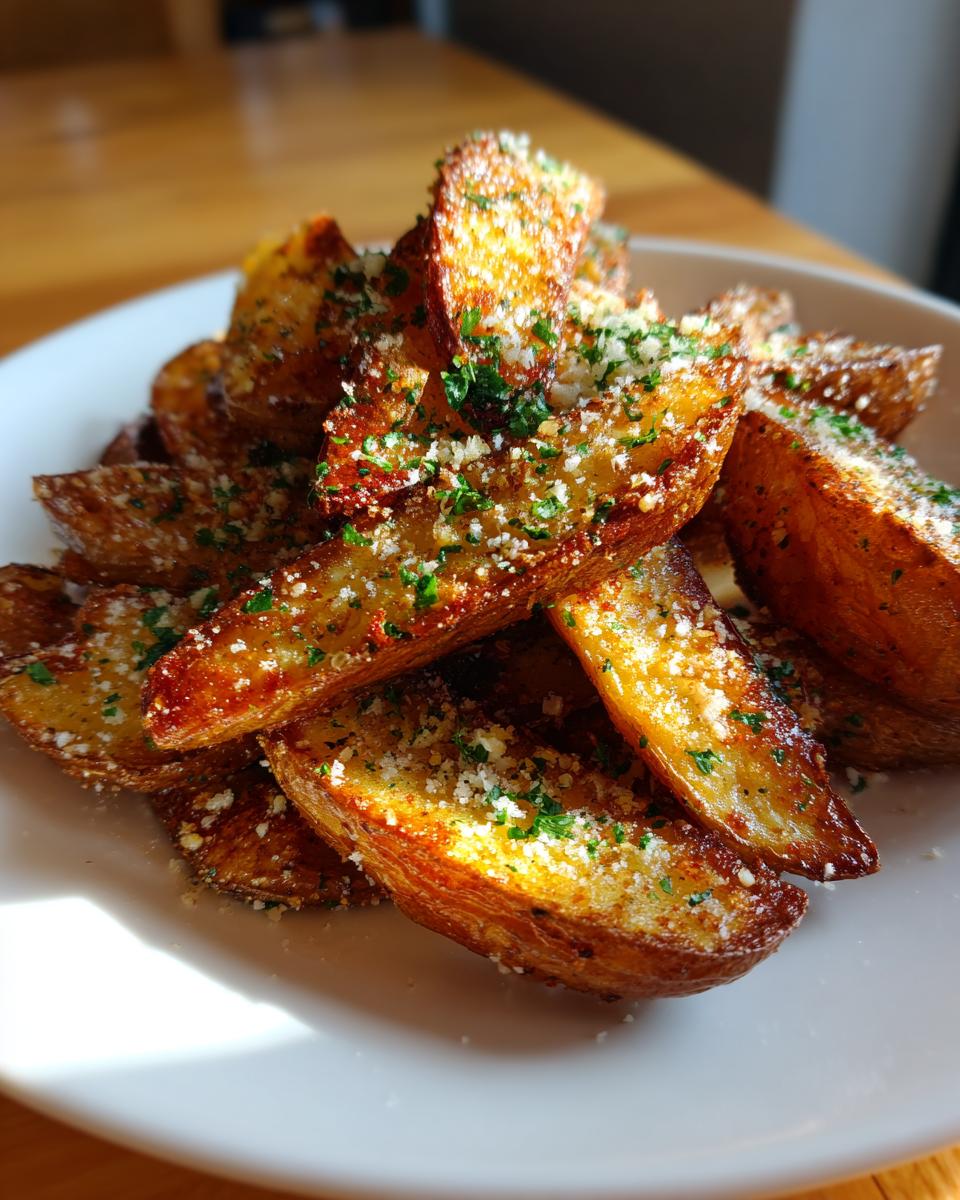 A close-up of golden brown, crispy potato wedges seasoned with grated Parmesan cheese and parsley.